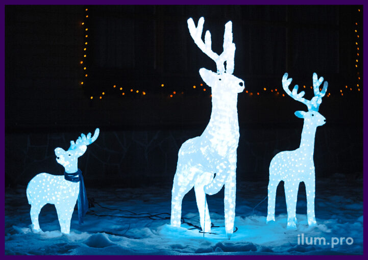 Семья светящихся оленей из акрила белого цвета, украшение территории новогодними фигурами