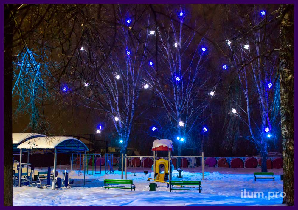 Разноцветная иллюминация и прожекторы на деревьях во Владимирской области