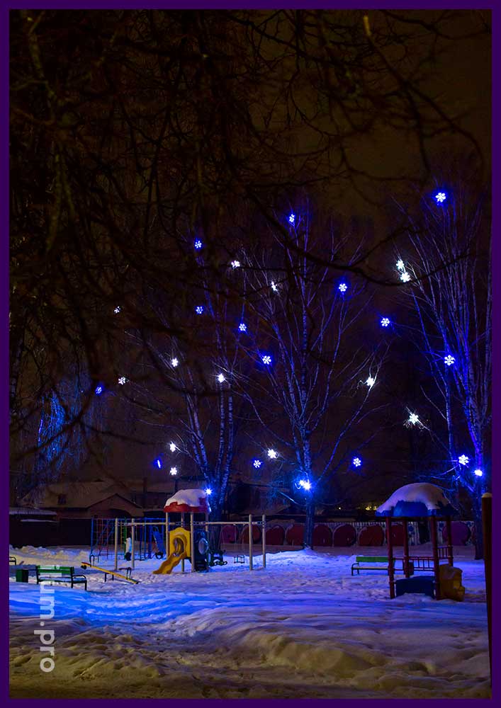 Синие и белые светодиодные снежинки из дюралайта на деревьях во Владимирской области