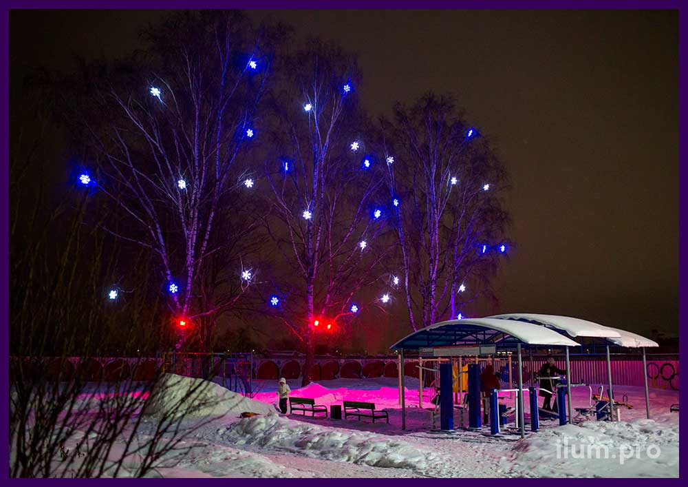 Новогодние снежинки из дюралайта с металлическим каркасом и RGB прожекторы на деревьях