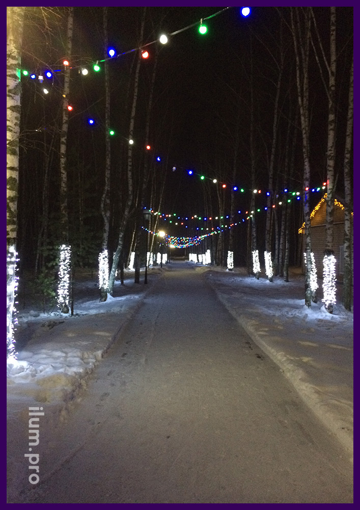 Подсветка дорожки в парке гирляндами с крупными лампочками белтлайт