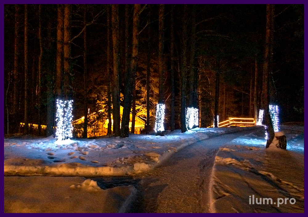 Новогодняя иллюминация на деревьях и лестнице, подсветка дома гирляндами