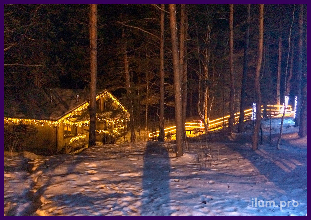 Светодиодная иллюминация на Новый год, подсветка крыши дома, гирлянды на деревьях и лестница с неоном