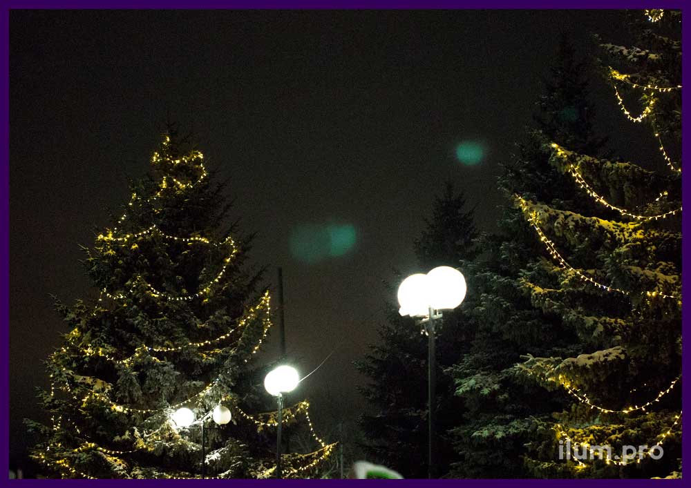 Тёпло-белые светодиодные гирлянды с эффектом мерцания на деревьях в парке