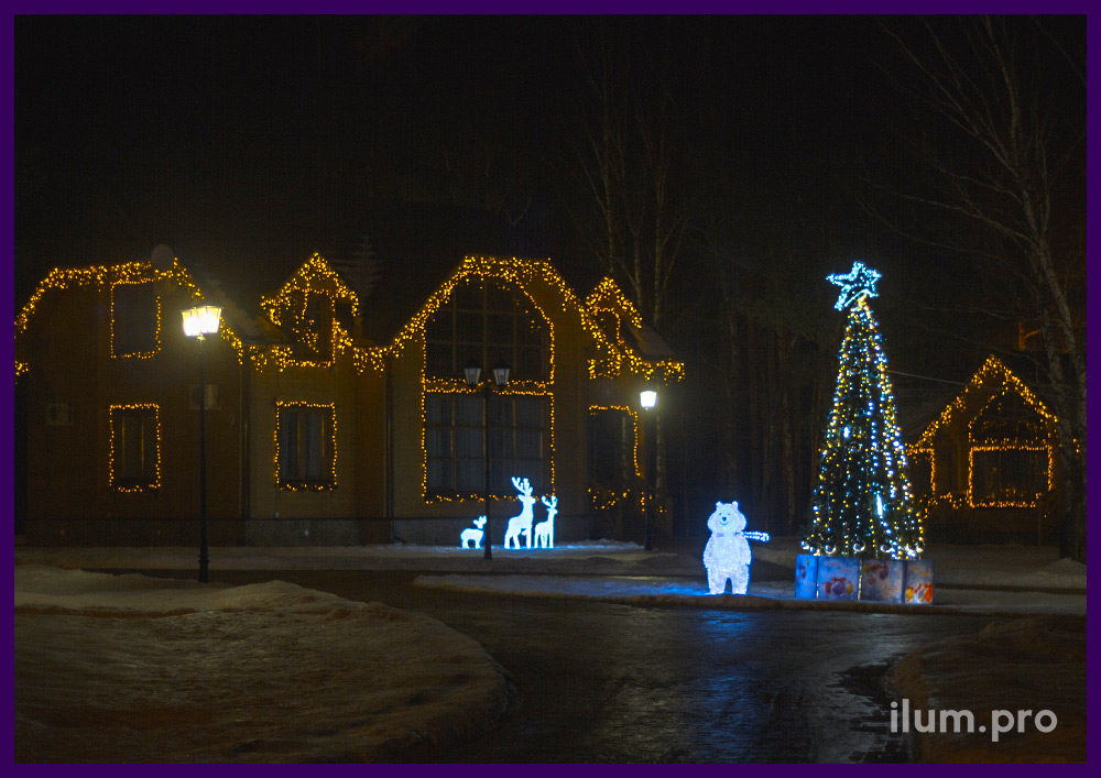 Украшение частных домов гирляндами и ёлка с акриловыми фигурами, новогоднее освещение