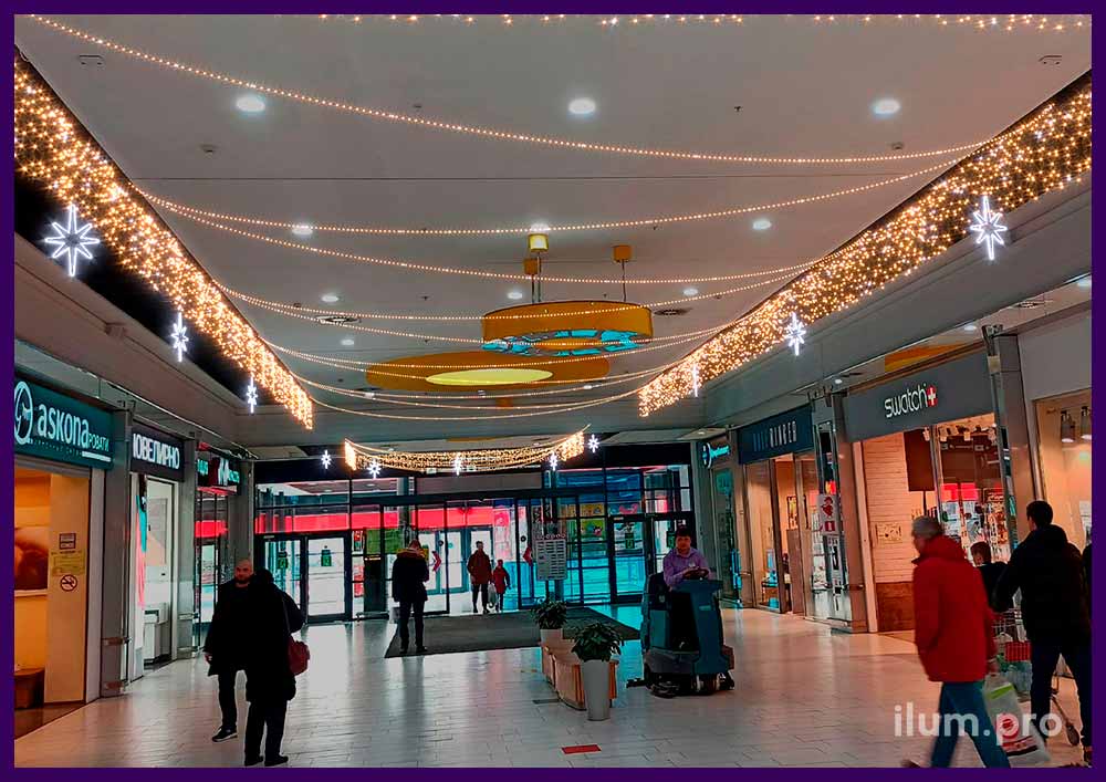 Концепция украшения интерьера торгового центра гирляндами на новогодние праздники