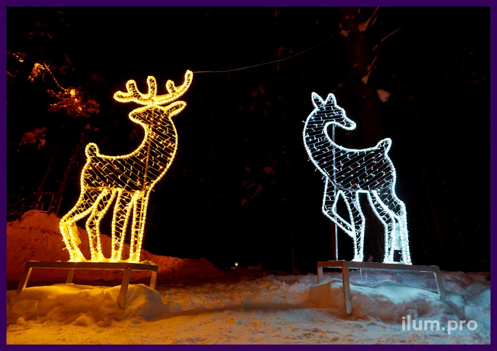 Два светящихся оленя белого и тёпло-белого цвета для украшения города на Новый год