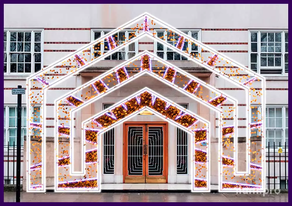 Декоративная арка с подсветкой для украшения фасада дома к Новому году