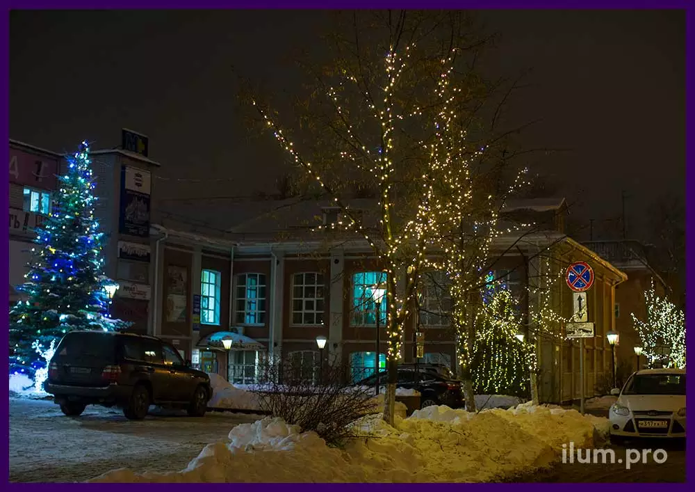 Украшение в Иваново к Новому году, гирлянды, новогодняя ёлка и олени