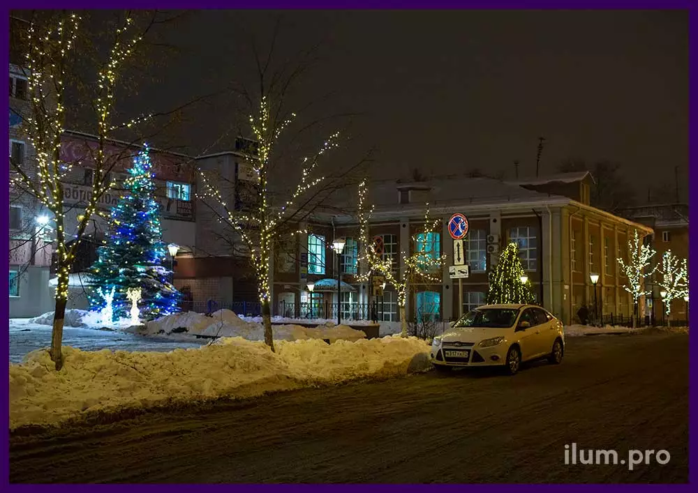 Новогоднее украшение деревьев и ёлки в Иваново гирляндами разных цветов