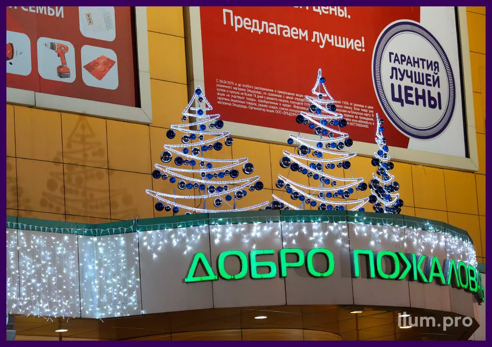 Светящееся украшения входа в ТЦ Максимир в Воронеже на Новый год