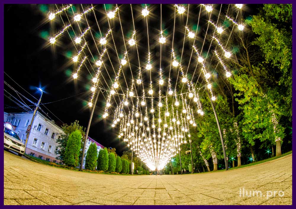 Праздничная иллюминация для парков и скверов в виде звёздного неба с шарами из гирлянд