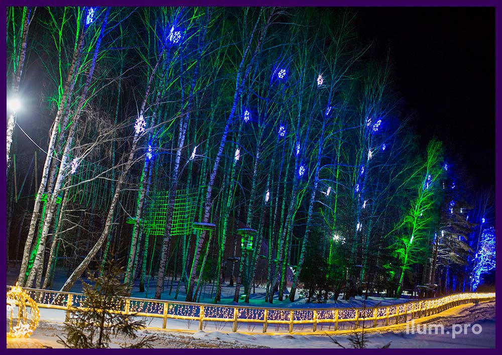 Уличные гирлянды и снежинки из дюралайта на деревьях во Владимирской области