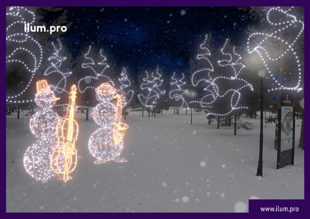 Новогоднее украшение деревьев и световые фигуры снеговиков - проект