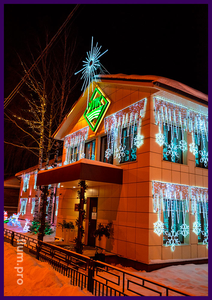 Светодиодные консоли со снежинками и рождественская звезда на фасаде бизнес-центра в Архангельской области
