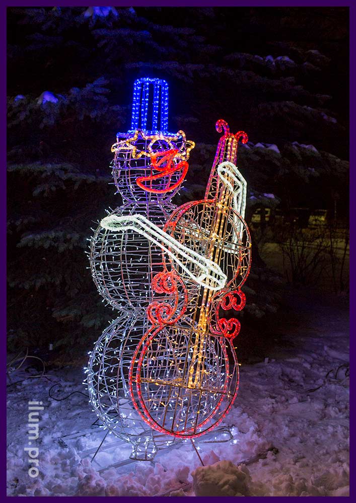 Светодиодное украшение "Снеговик" с контрабасом из дюралайта