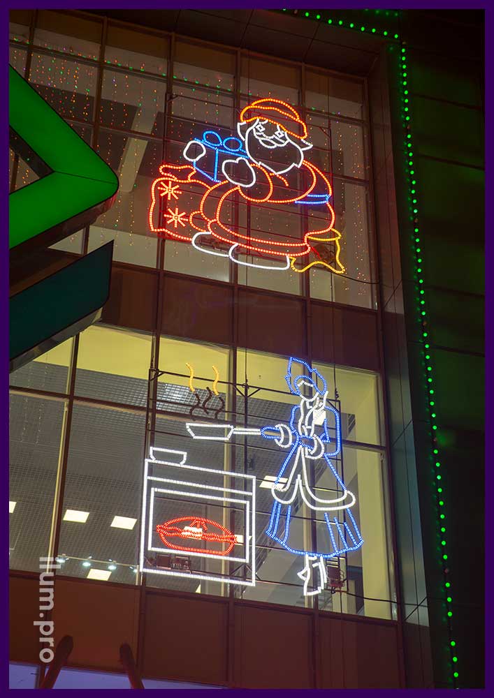 Фигуры Деда Мороза и Снегурочки с подсветкой светодиодными модулями разных цветов