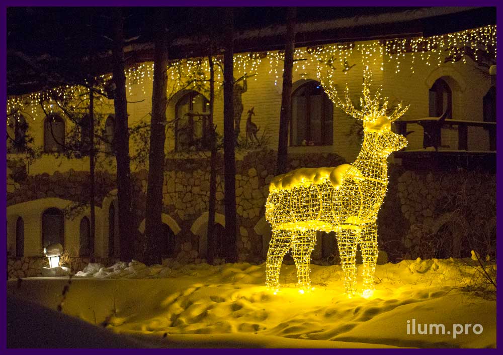 Украшение здания в Парк-Отеле и световой олень с светодиодной иллюминацией