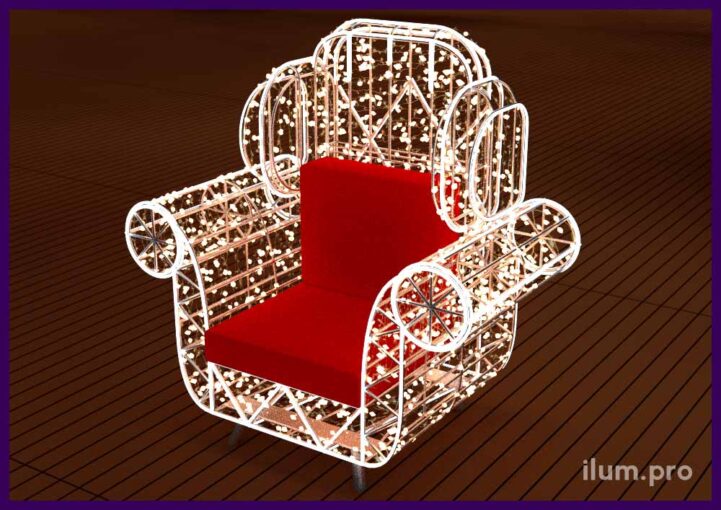 Внешний вид кресла с гирляндами для украшения ТЦ и площади на Новый год