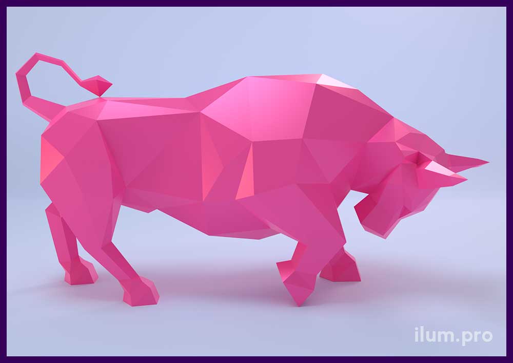 Проект полигонального быка из металла, символ 2021 года, розовый