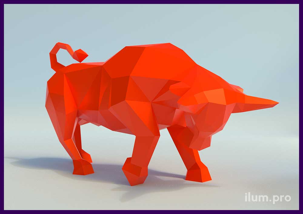 Красный бык - символ 2021 года в полигональном стиле, уличный арт-объект