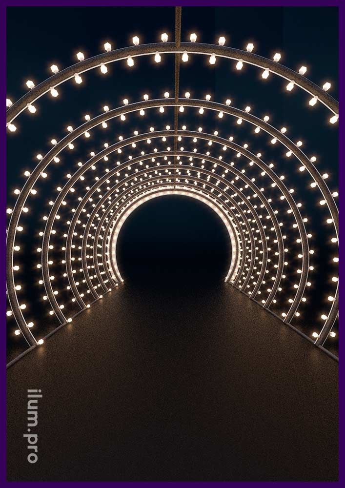 Вид из светового тоннеля с лампочками на арках из стали