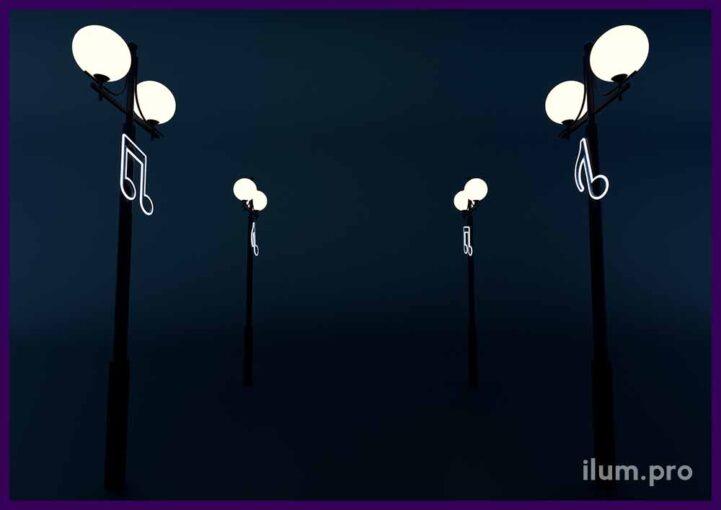 Украшение фонарей в парке светодиодными консолями из дюралайта