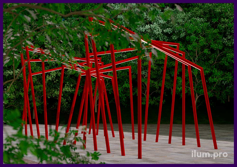 Красные арки из металлических труб - благоустройство парка