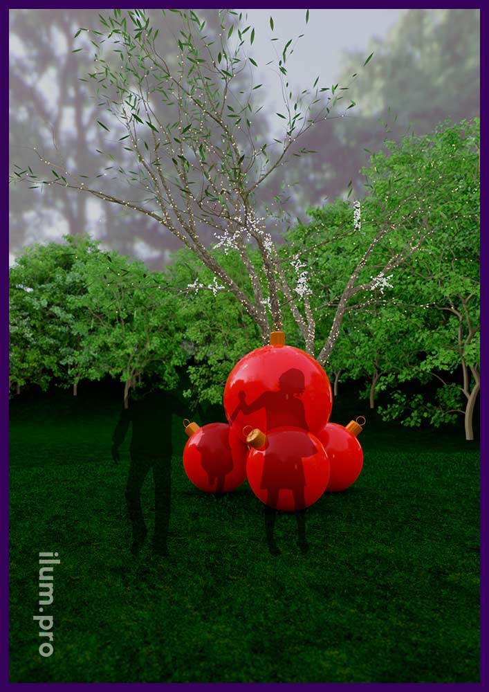 Красные ёлочные игрушки - фотозона со стеклопластиковыми шарами