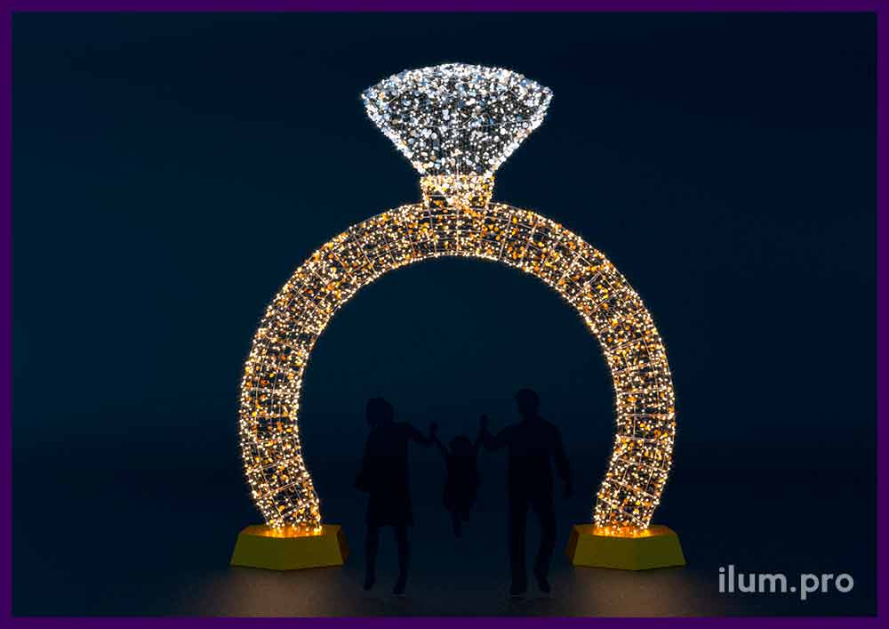 Арка золотое кольцо с бриллиантами из гирлянд и блёсток