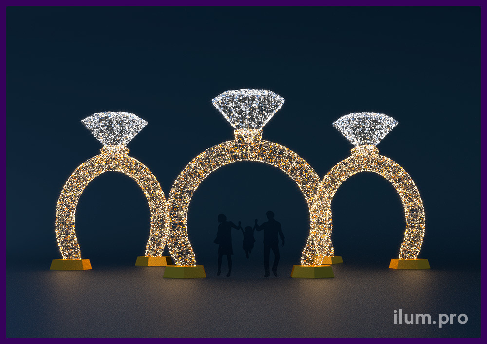 Светящиеся арки в форме золотых колец из гирлянд и металлического каркаса