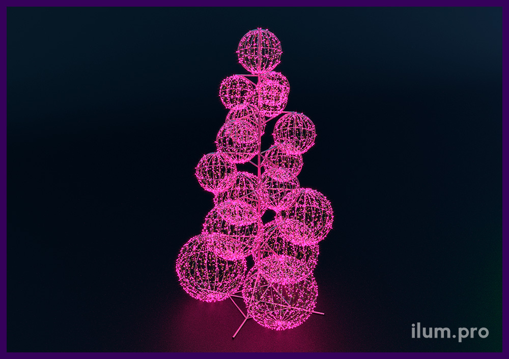 Розовая светодинамическая ёлка из шаров с иллюминацией