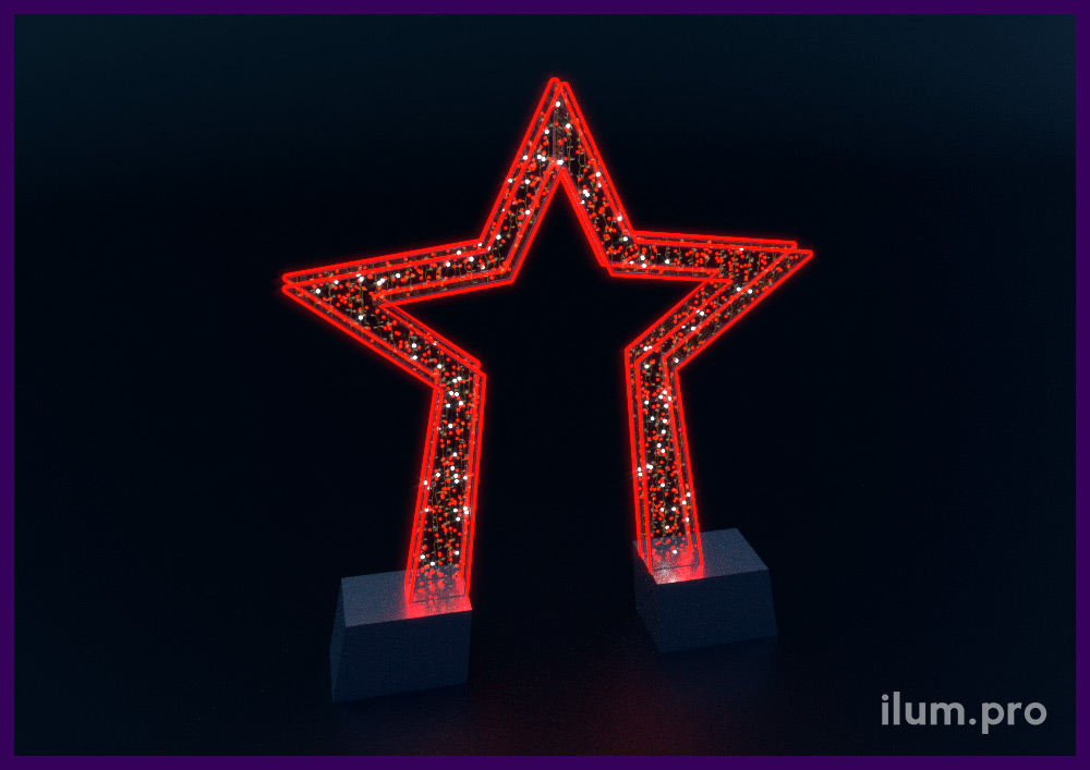 Металлическая светодиодная арка-звезда из красного дюралайта и гирлянды нить - эскиз
