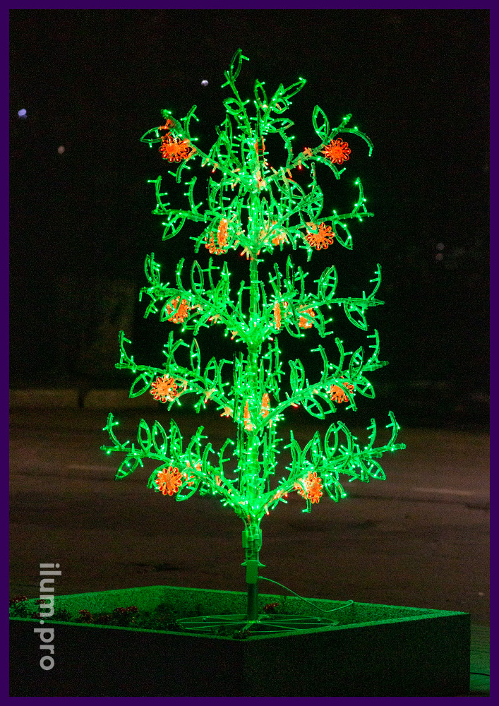 Рябина светодиодное дерево с гирляндами разных цветов и металлическим каркасом