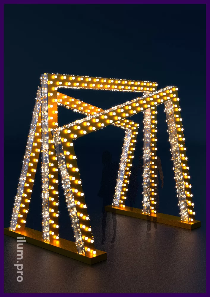 Арки золотые с лампочками в форме тоннеля на Новый год для площади