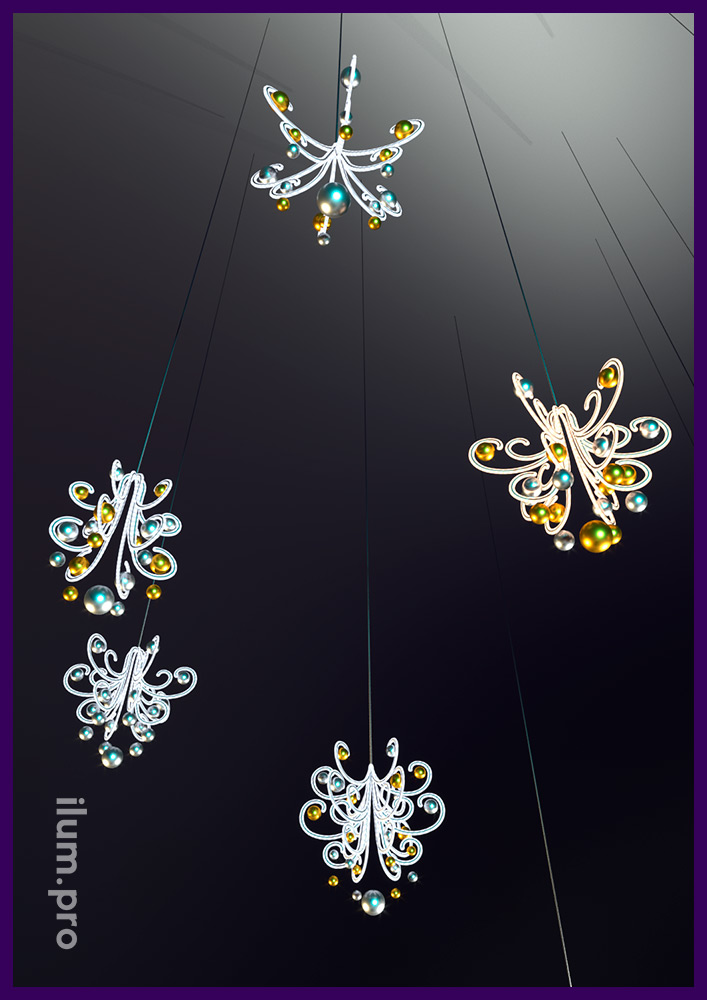 Светодиодные фигуры с завитками в форме люстр на Новый год для атриума ТЦ