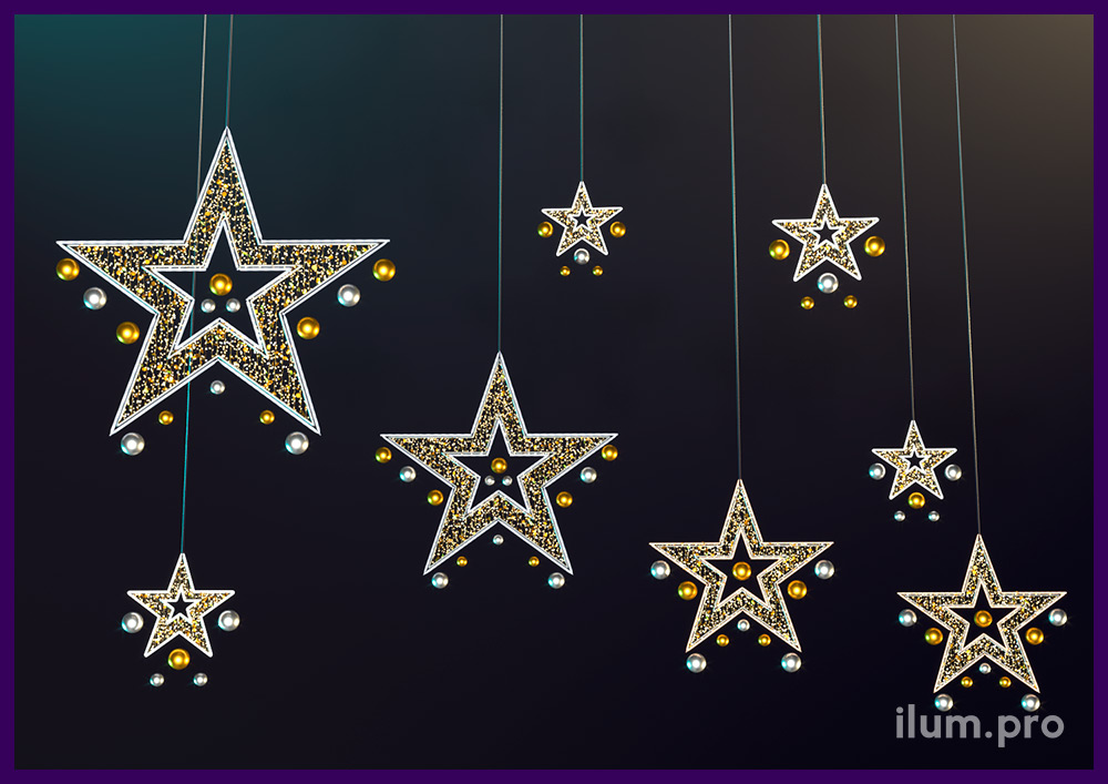 Светодиодные звёзды с гирляндами и дюралайтом для украшения торговых центров на Новый год
