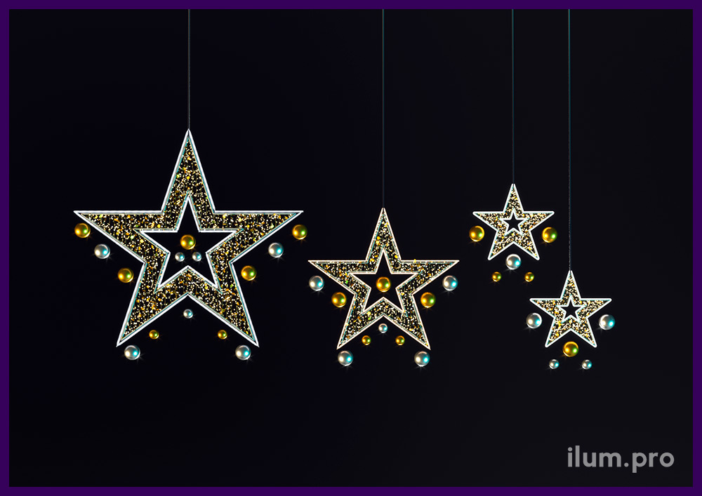 Звёзды из гирлянд и светодиодного дюралайта на каркасе из металла для украшения атриумов