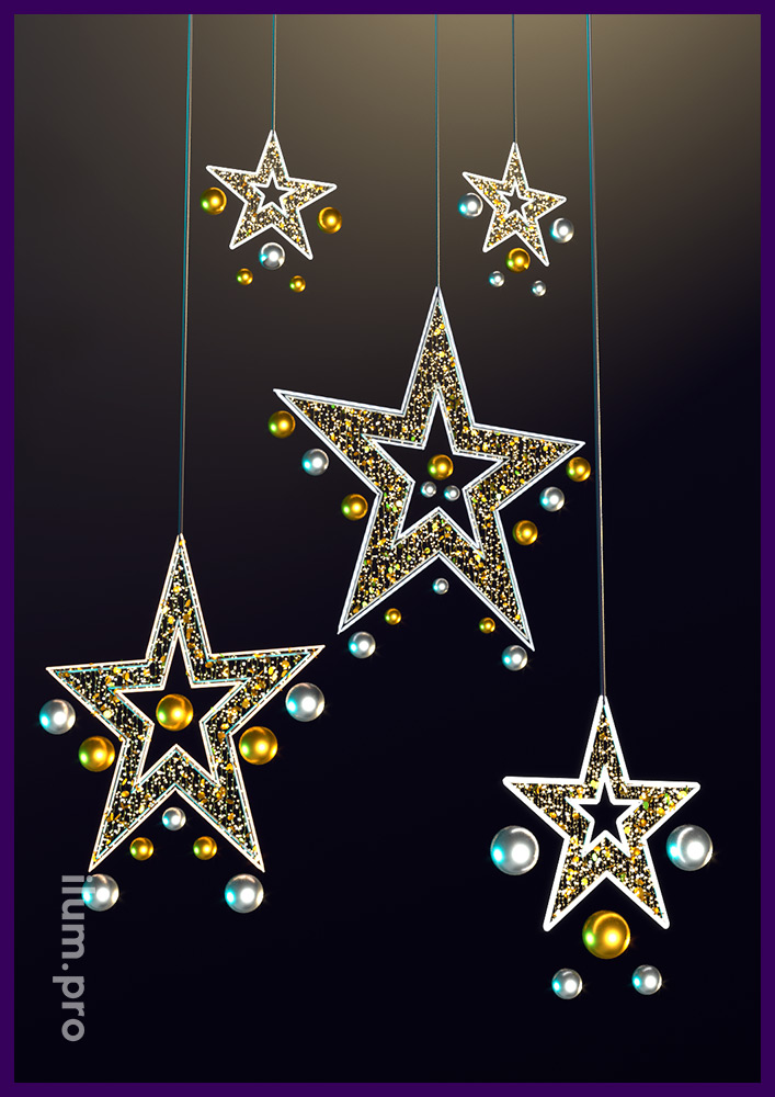Украшения для атриумов ТЦ на Новый год в форме звёзд