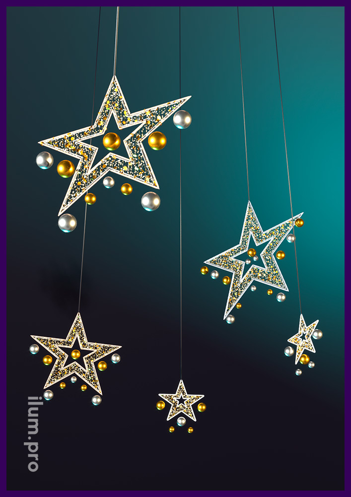 Подвесные фигуры в форме звёзд с подсветкой иллюминацией на Новый год