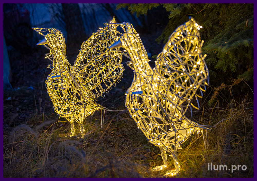 Уличные световые фигуры гусей с тёпло-белыми гирляндами на алюминиевом каркасе