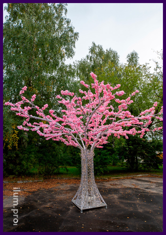 Дерево светодиодное с розовыми цветами и металлическим каркасом из алюминия