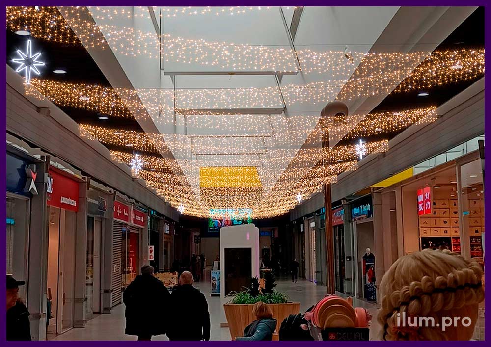 Концепция новогоднего оформления интерьера торгового центра с гирляндами и световыми фигурами