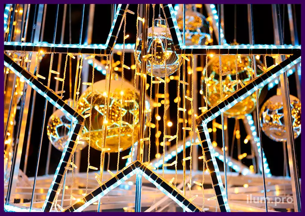 Уличная новогодняя ёлка со звёздами из дюралайта и гирлянд на алюминиевом каркасе