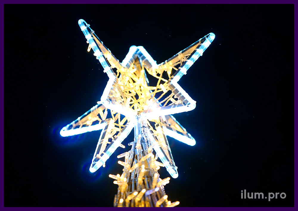 Ёлка с макушкой в форме звезды и контурами из дюралайта на Новый год для улицы