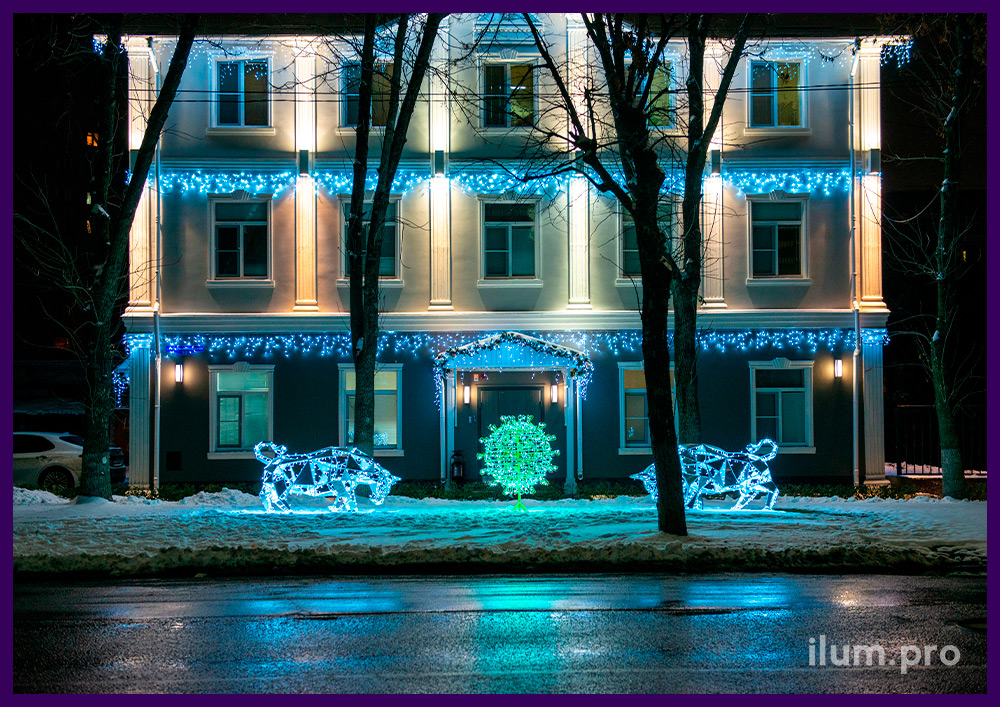 Новогоднее оформление дома и территории в Липецке со световыми фигурами быков и вируса
