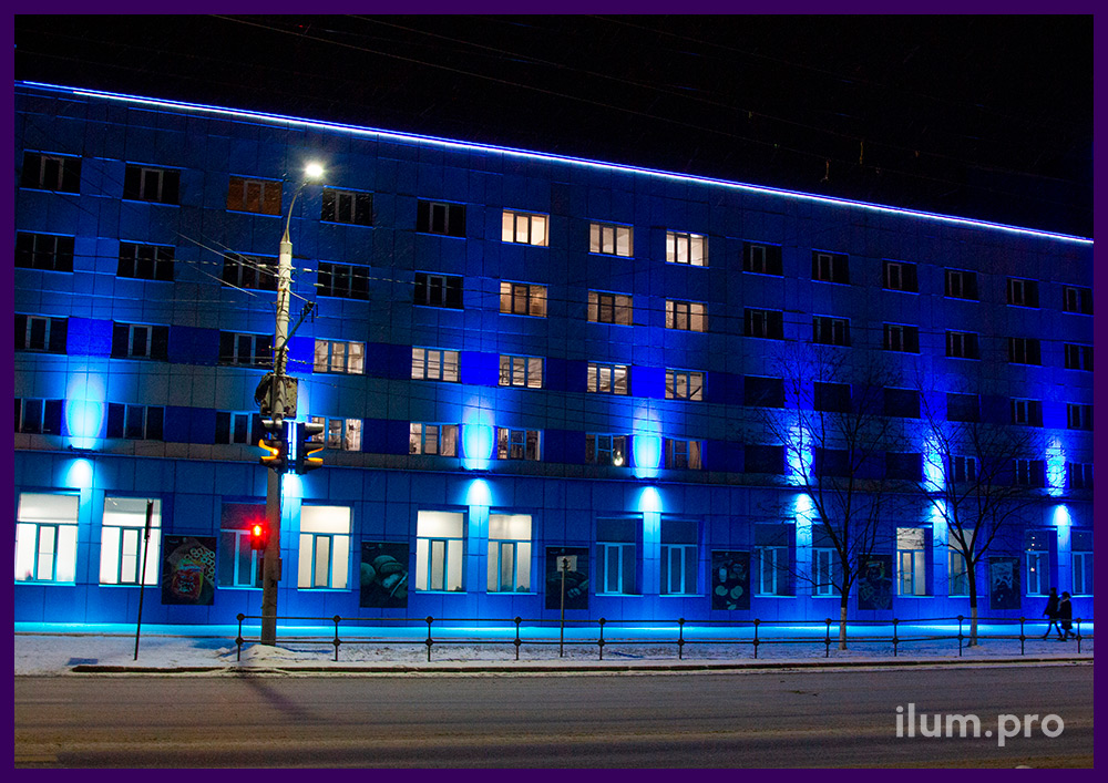 Подсветка завода во Владимире архитектурными RGB прожекторами под управлением контроллера