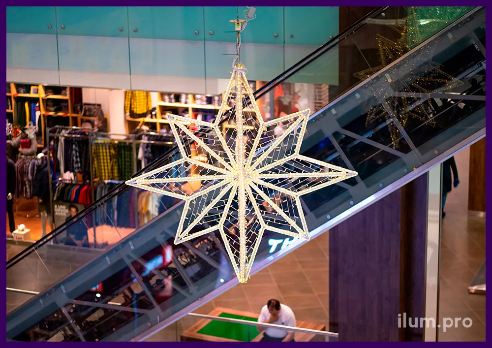 Объёмная звезда из гирлянд и контуров с дюралайтом для атриума торгового центра на Новый год