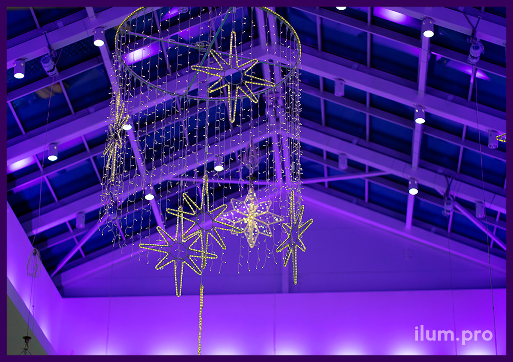 Иллюминация светодиодная - новогодние украшения для атриума ТЦ Солнечный с гирляндами