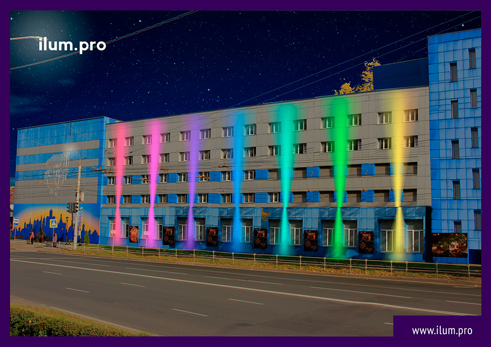 Разноцветные архитектурные прожекторы на фасаде завода во Владимирской области - визуализация проекта подсветки